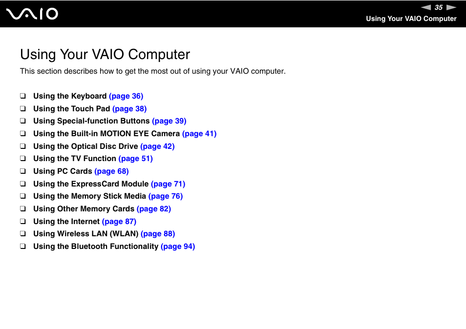 Using your vaio computer | Sony VGN-FE890N User Manual | Page 35 / 231