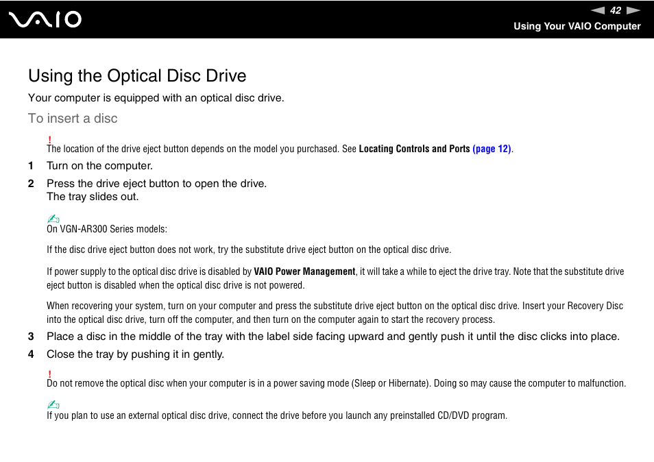 Using the optical disc drive | Sony VGN-FE890N User Manual | Page 42 / 231