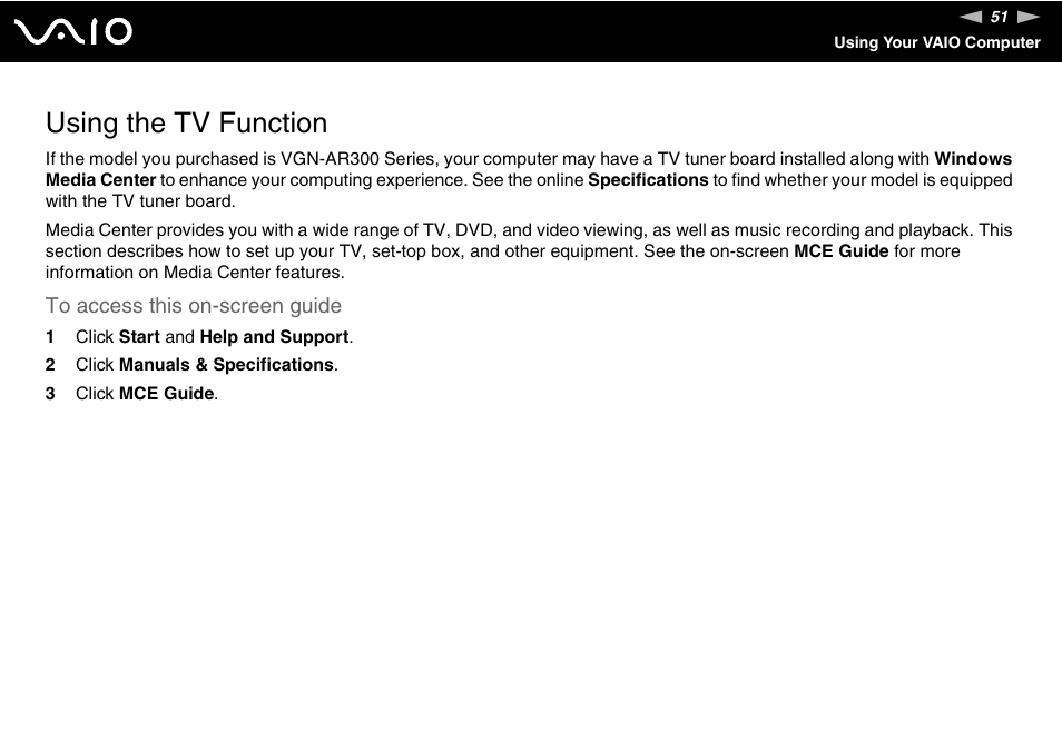 Using the tv function, Tion | Sony VGN-FE890N User Manual | Page 51 / 231