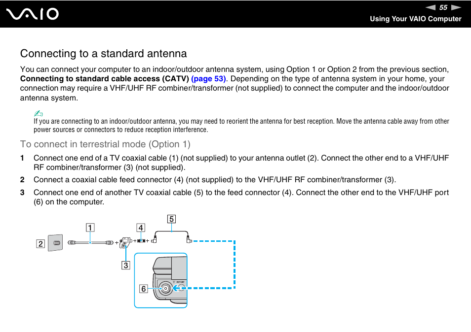 Connecting to a standard antenna | Sony VGN-FE890N User Manual | Page 55 / 231