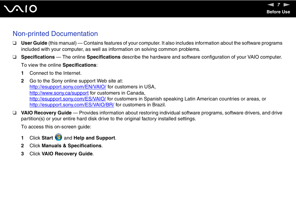 Non-printed documentation | Sony VGN-FE890N User Manual | Page 7 / 231