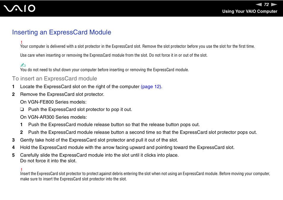 Inserting an expresscard module | Sony VGN-FE890N User Manual | Page 72 / 231