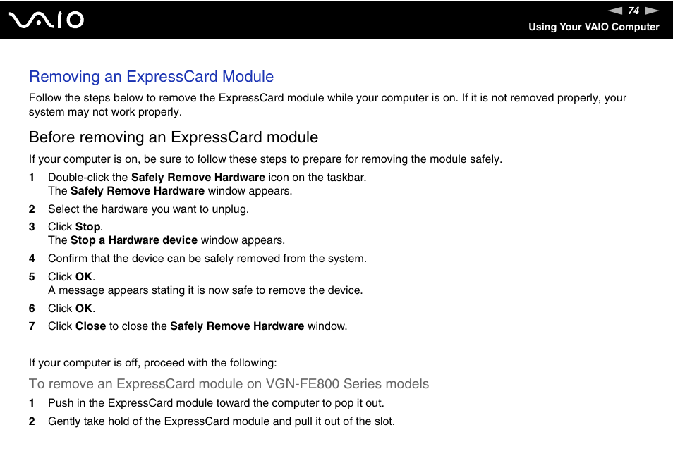 Removing an expresscard module, Before removing an expresscard module | Sony VGN-FE890N User Manual | Page 74 / 231