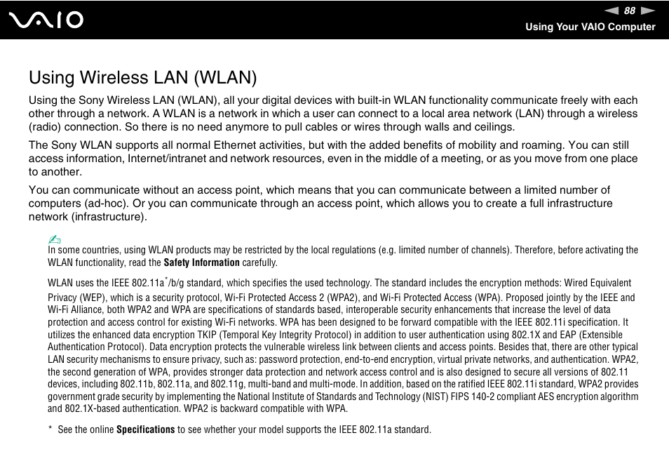 Using wireless lan (wlan) | Sony VGN-FE890N User Manual | Page 88 / 231