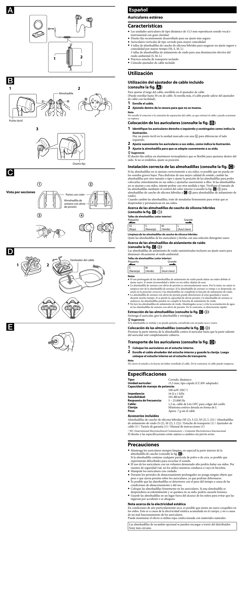 Español, Característícas, Utilización | Especificaciones, Precauciones | Sony MDR-EX310LP User Manual | Page 2 / 2