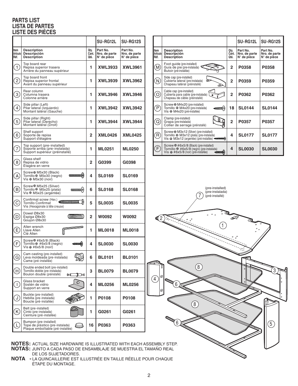 Parts list lista de partes liste des pièces, Notas, Nota | Sony KDF-50E2000 User Manual | Page 2 / 16