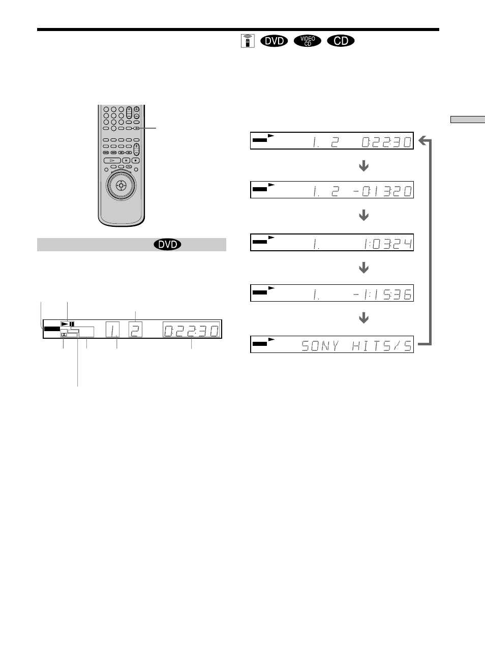 Using the front panel display, Using the front panel display 23, Using the front panel display z | When playing back a dvd, Displaying information while playing the disc, Checking the remaining time press time/text | Sony DVP-S570D User Manual | Page 23 / 80
