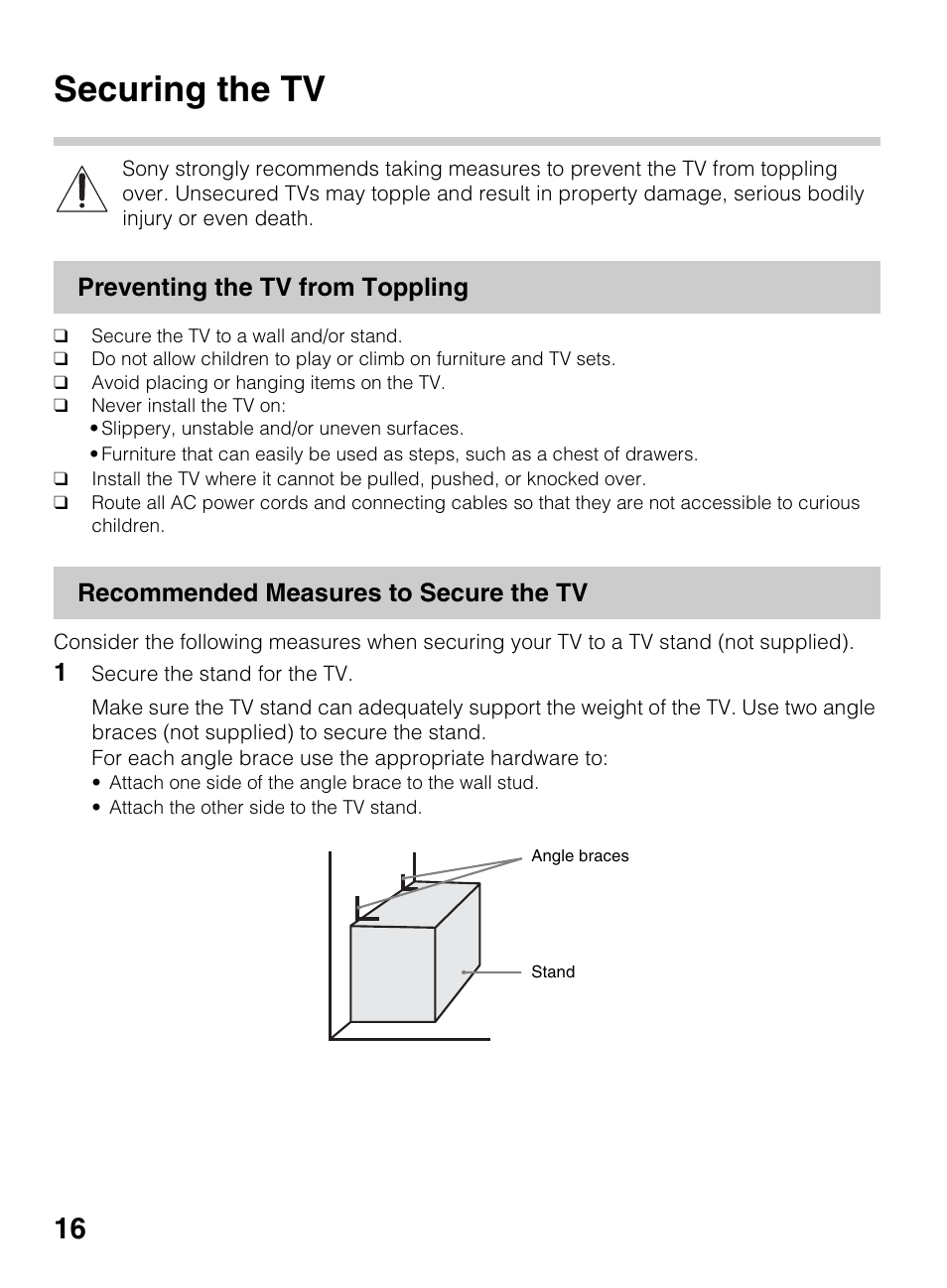 Securing the tv, Preventing the tv from toppling, Recommended measures to secure the tv | Sony KDL-70R550A User Manual | Page 16 / 84