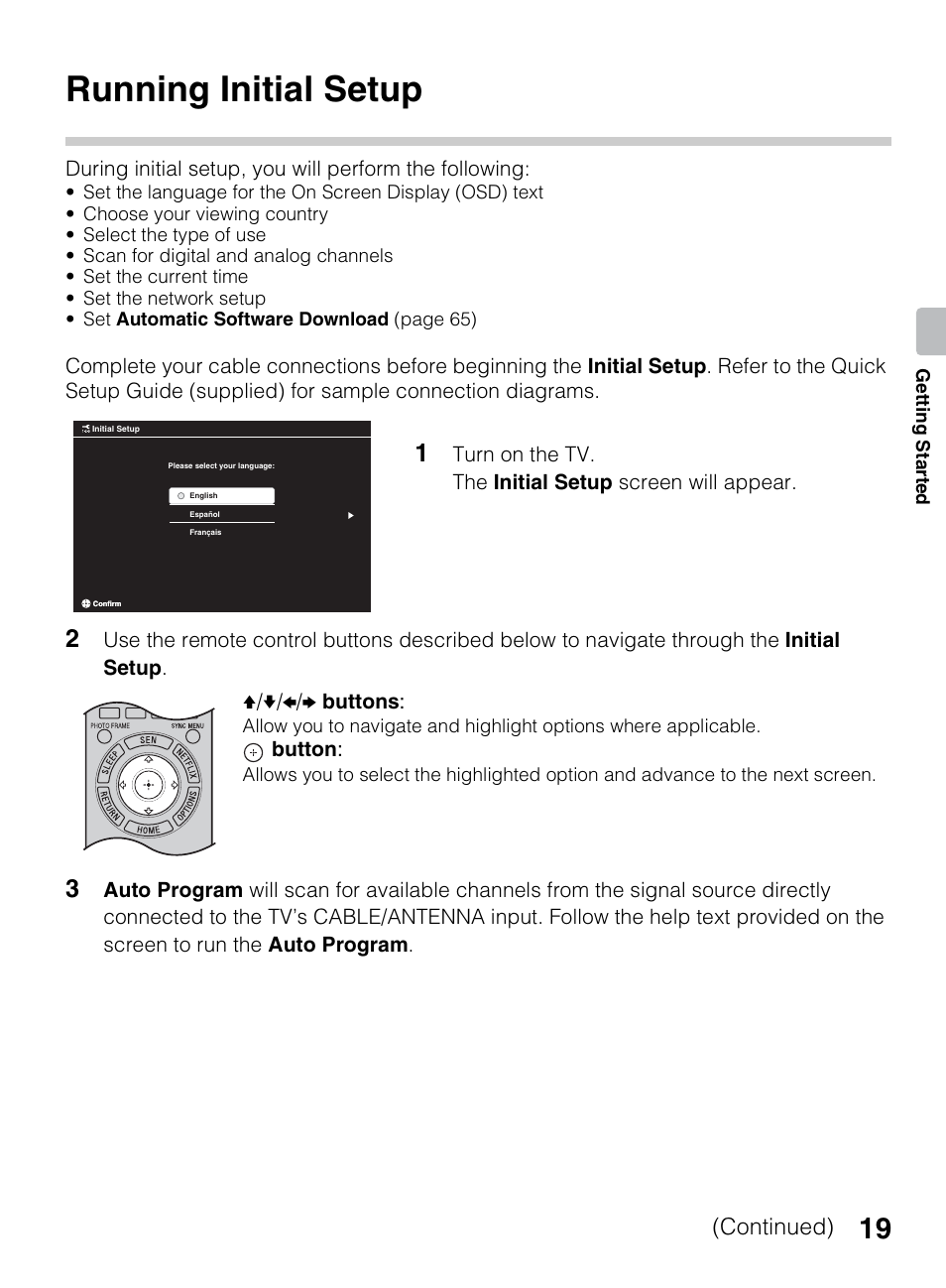 Running initial setup, Continued) | Sony KDL-70R550A User Manual | Page 19 / 84