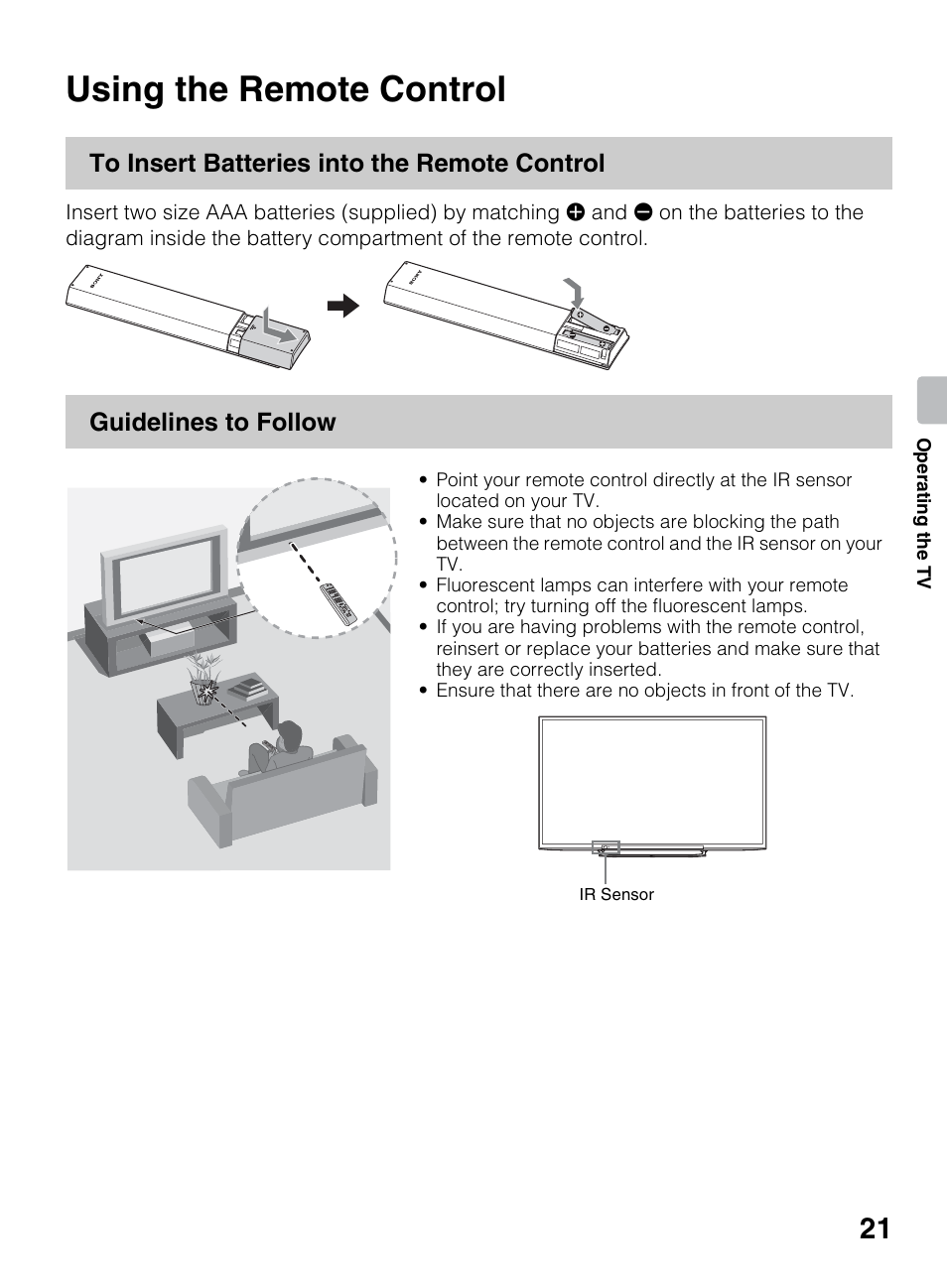 Operating the tv, Using the remote control, Guidelines to follow | Sony KDL-70R550A User Manual | Page 21 / 84
