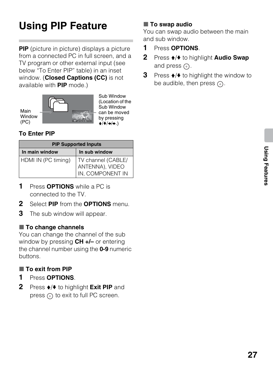 Using pip feature | Sony KDL-70R550A User Manual | Page 27 / 84