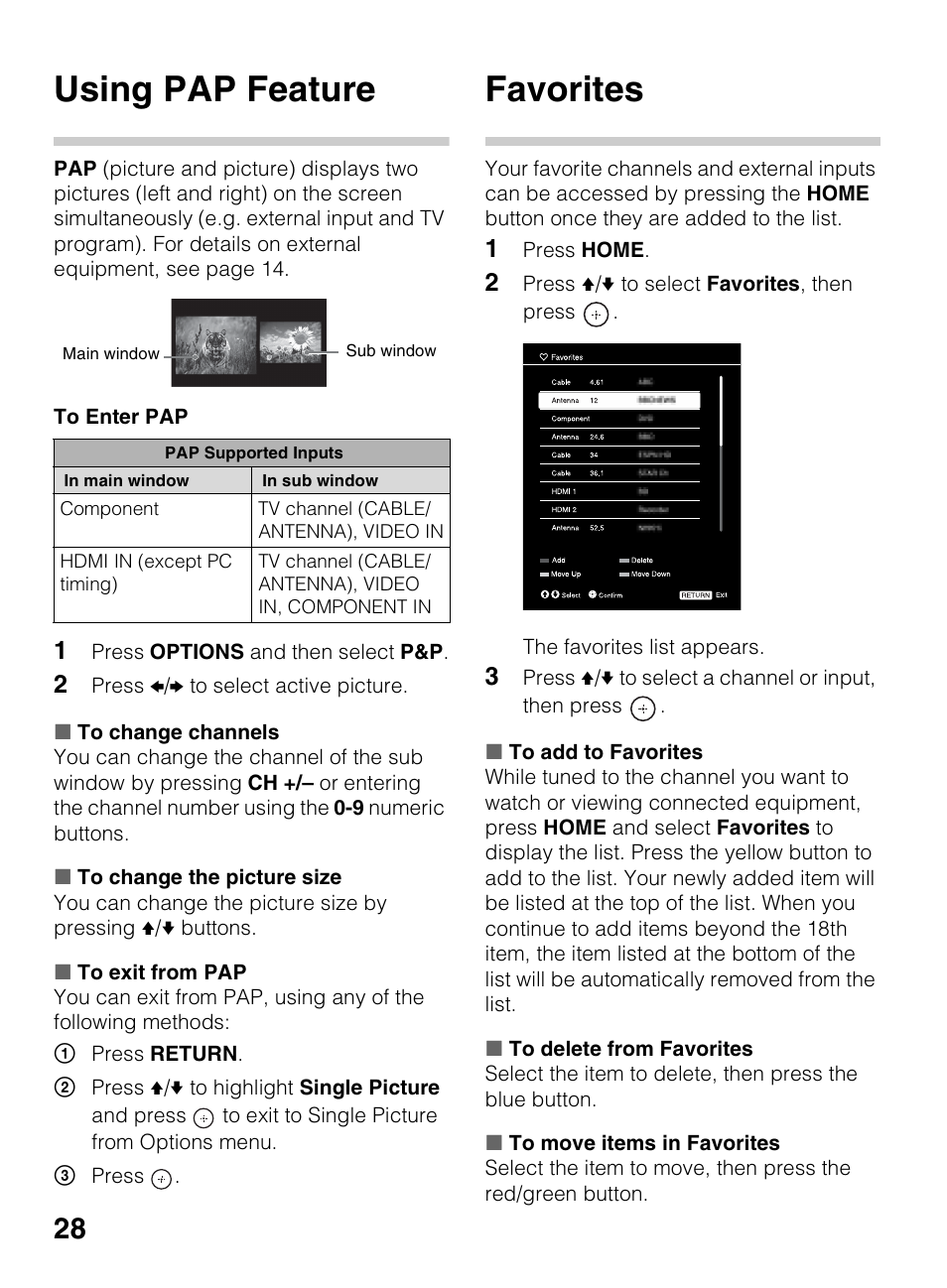 Using pap feature, Favorites | Sony KDL-70R550A User Manual | Page 28 / 84