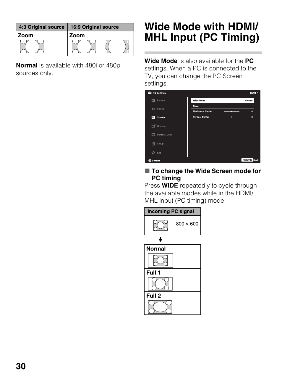 Wide mode with hdmi/mhl input (pc timing), Wide mode with hdmi/mhl input, Pc timing) | Wide mode with hdmi/ mhl input (pc timing) | Sony KDL-70R550A User Manual | Page 30 / 84