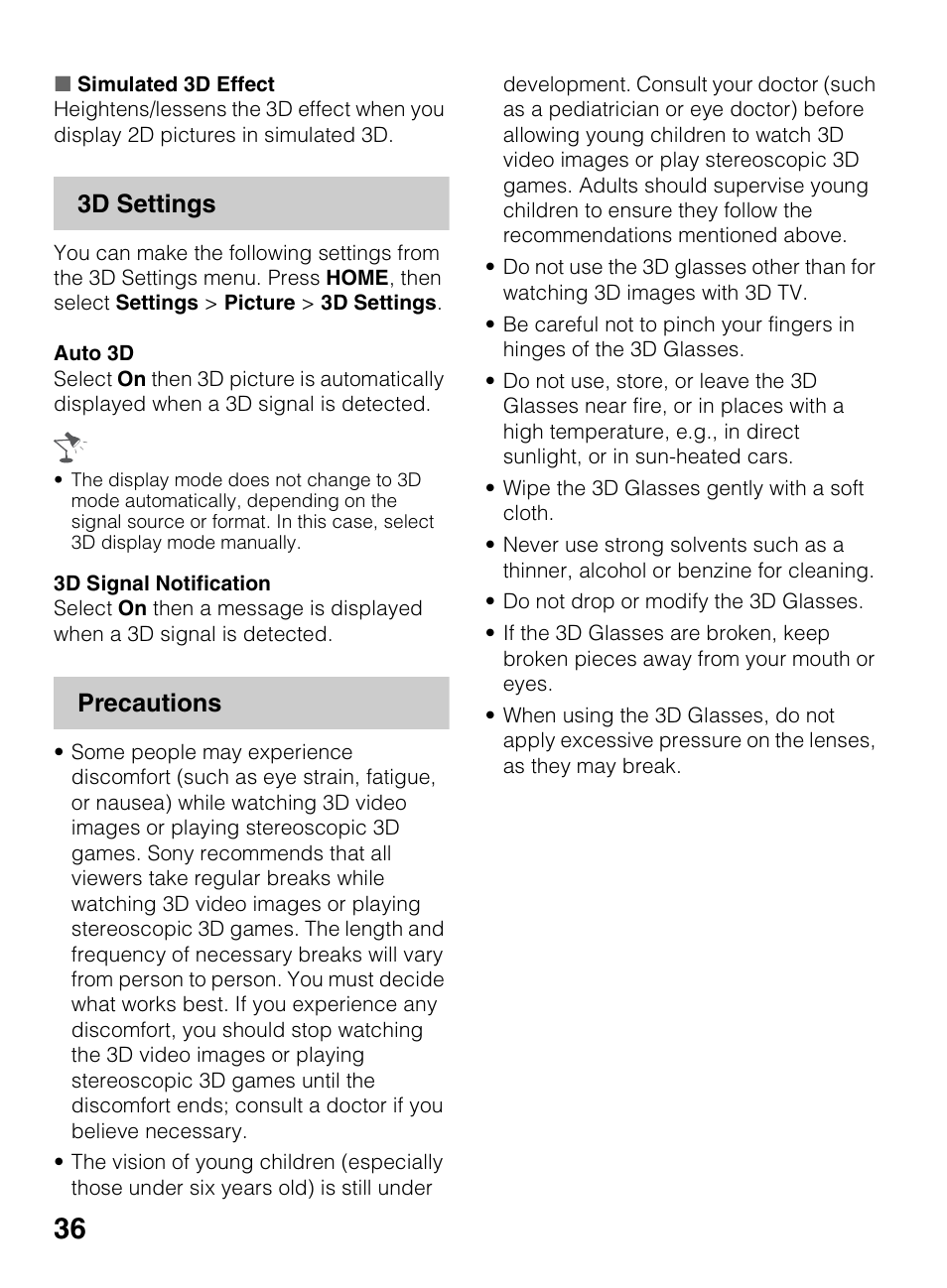 3d settings, Precautions | Sony KDL-70R550A User Manual | Page 36 / 84