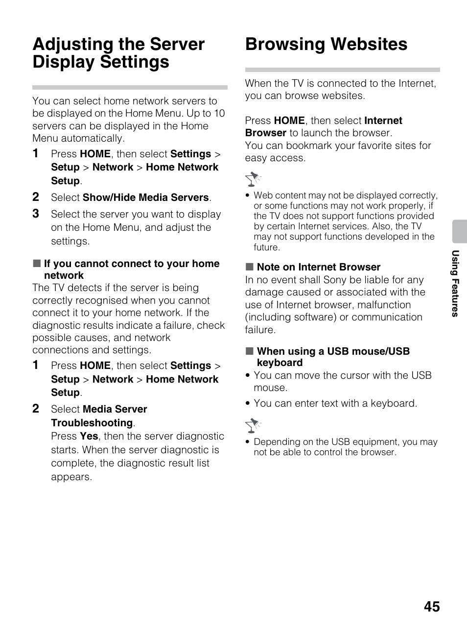 Adjusting the server display settings, Browsing websites | Sony KDL-70R550A User Manual | Page 45 / 84