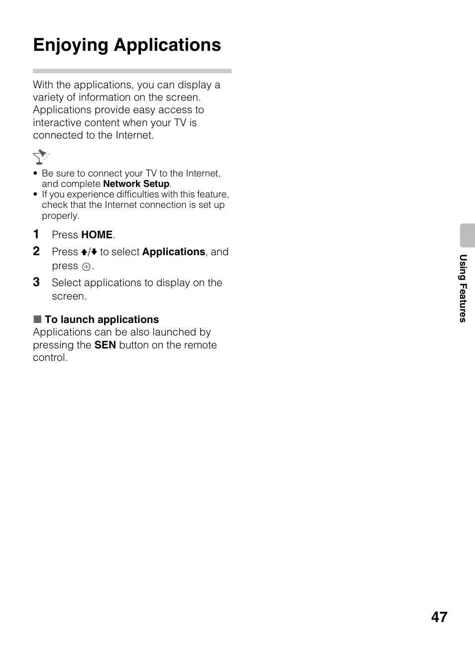 Enjoying applications | Sony KDL-70R550A User Manual | Page 47 / 84