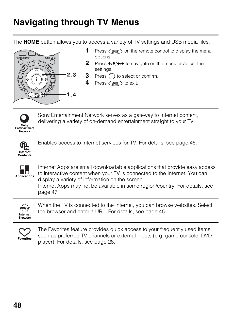 Using the menus, Navigating through tv menus | Sony KDL-70R550A User Manual | Page 48 / 84