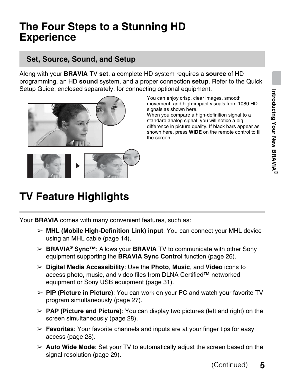 The four steps to a stunning hd experience, Tv feature highlights, The four steps to a stunning hd | Experience, Set, source, sound, and setup | Sony KDL-70R550A User Manual | Page 5 / 84