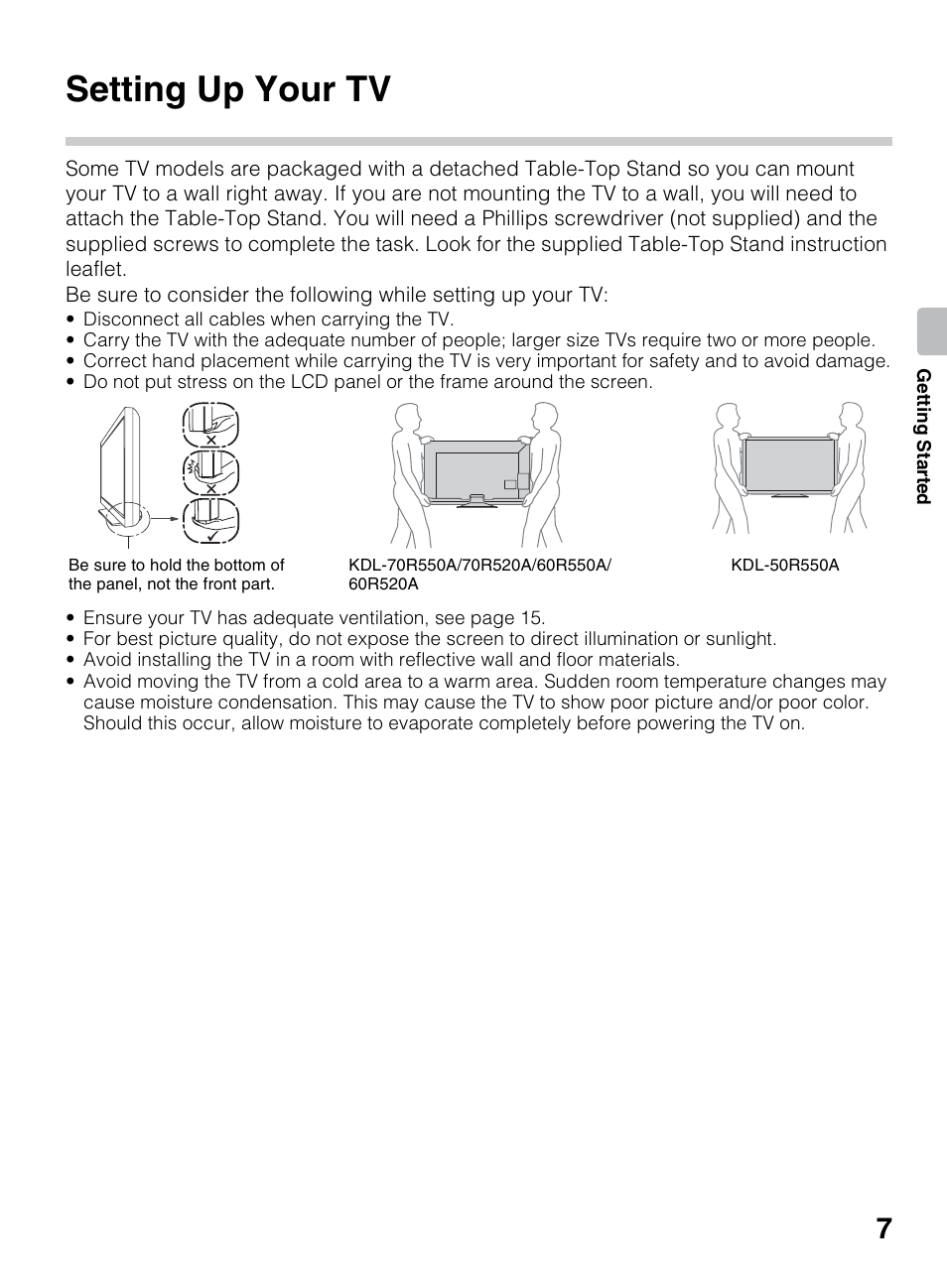 Getting started, Setting up your tv | Sony KDL-70R550A User Manual | Page 7 / 84