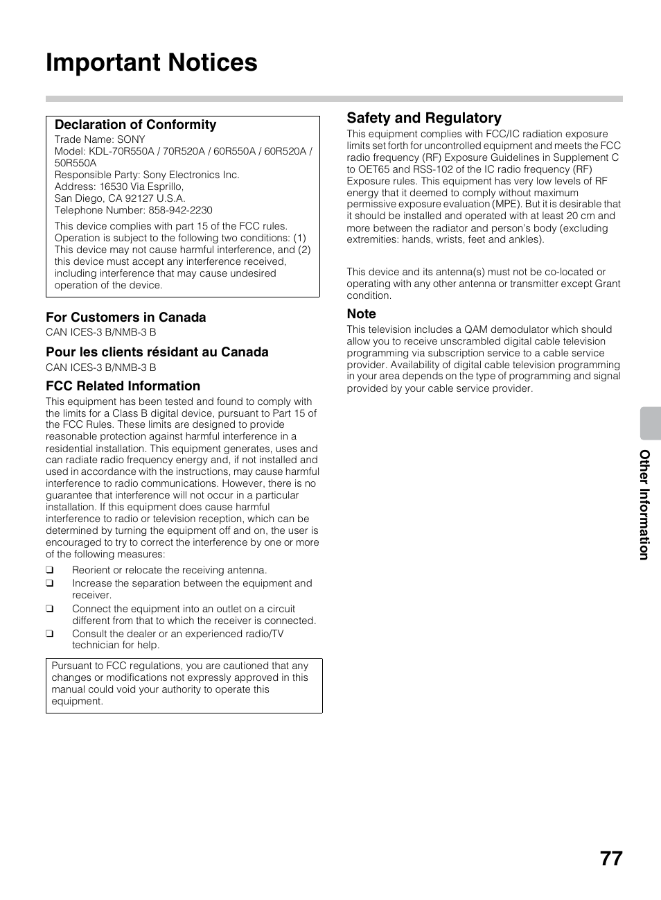 Important notices, Safety and regulatory | Sony KDL-70R550A User Manual | Page 77 / 84