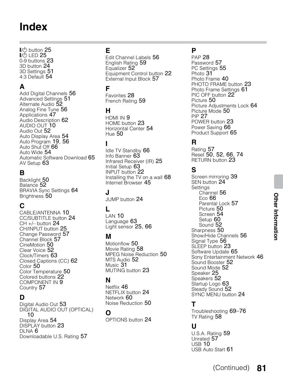 Index, Continued) | Sony KDL-70R550A User Manual | Page 81 / 84
