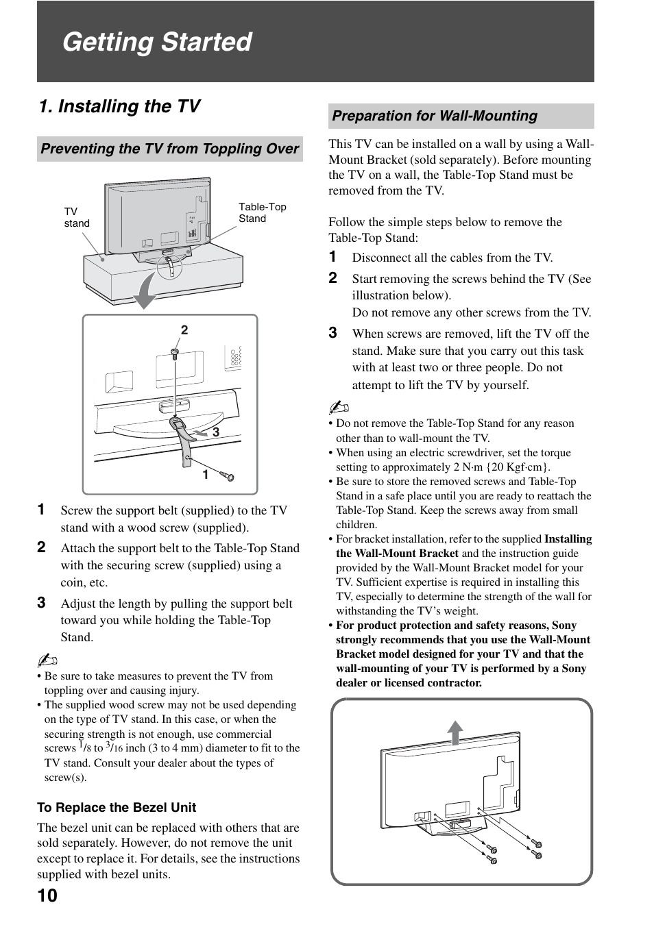 Getting started, Installing the tv, Preventing the tv from toppling over | Preparation for wall-mounting | Sony KDL-52XBR5 User Manual | Page 10 / 60