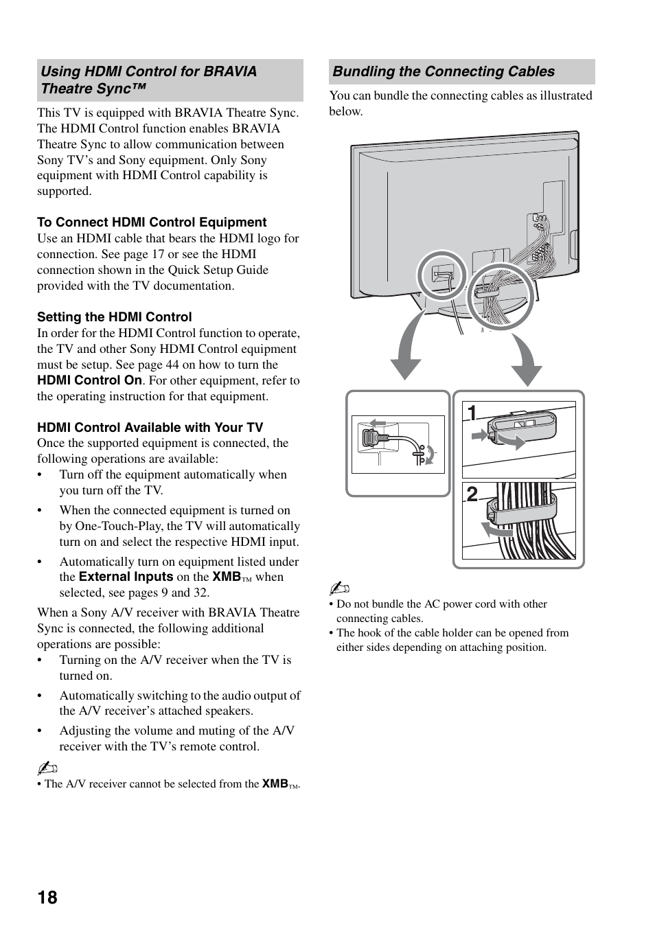 Using hdmi control for bravia theatre sync, Bundling the connecting cables, Using hdmi control for bravia theatre | Sync | Sony KDL-52XBR5 User Manual | Page 18 / 60