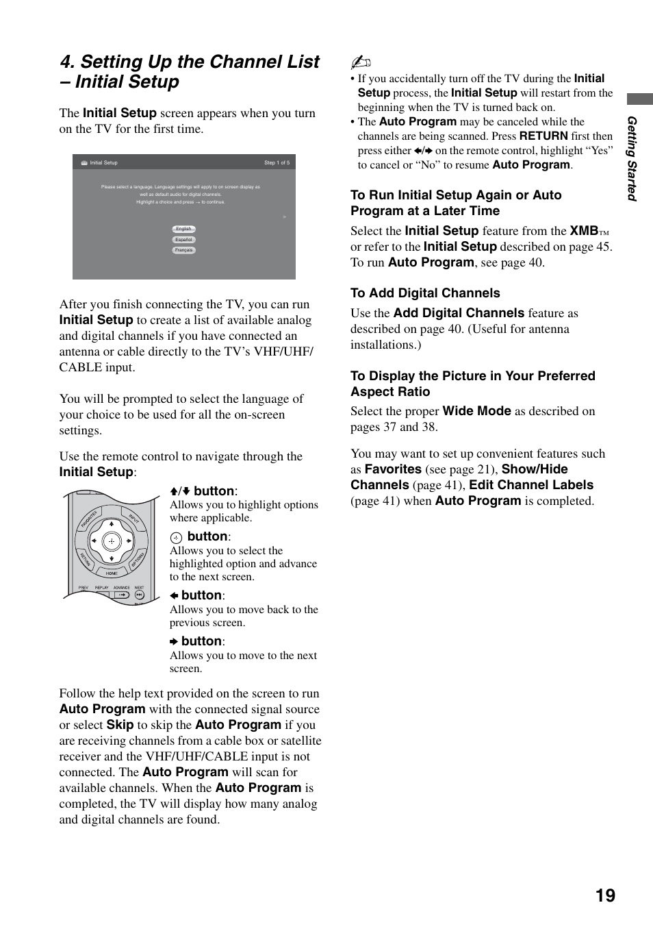 Setting up the channel list - initial setup, Setting up the channel list, Initial setup | Setting up the channel list – initial setup | Sony KDL-52XBR5 User Manual | Page 19 / 60