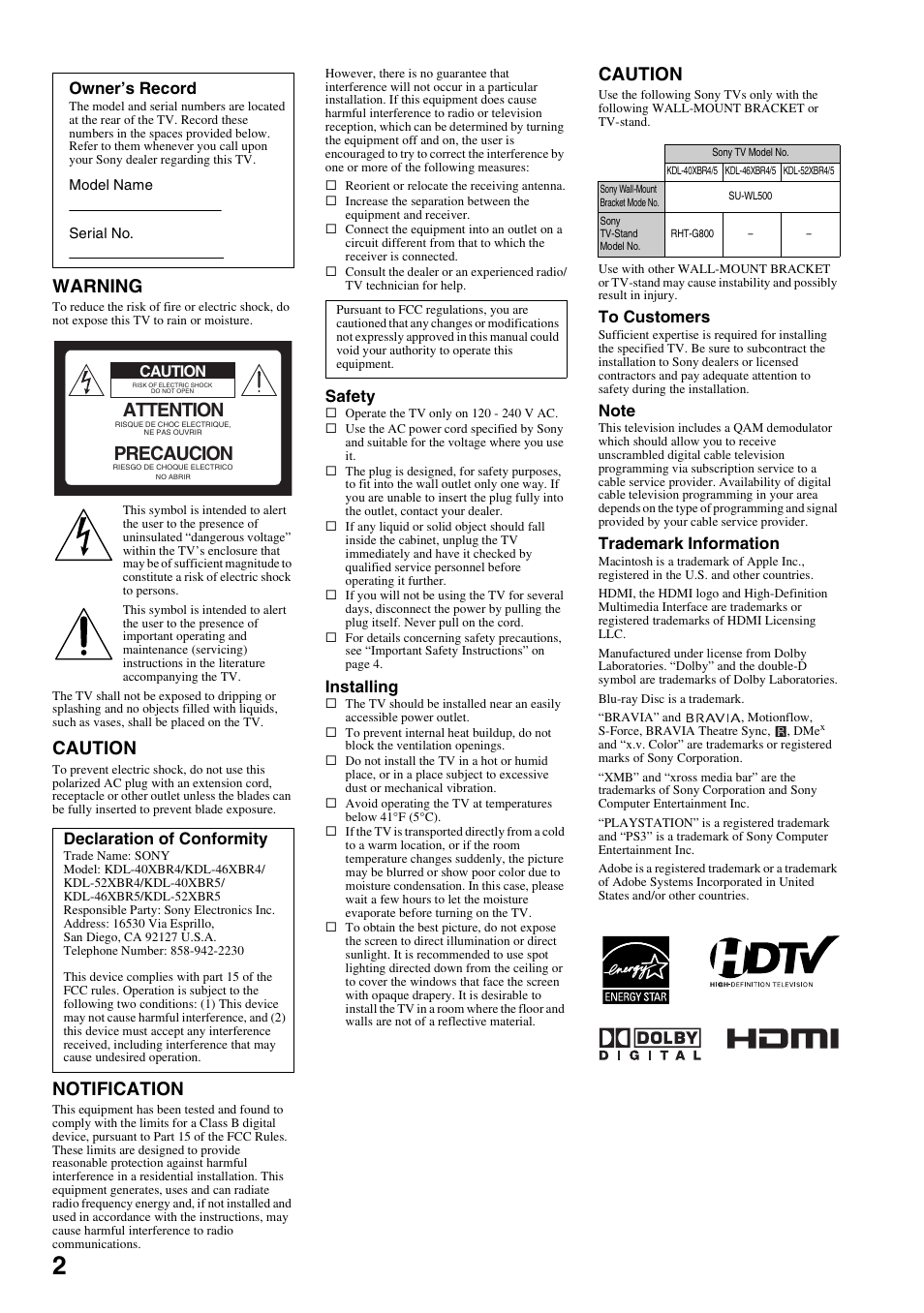 Warning, Caution, Notification | Attention, Precaucion, Safety, Installing, Trademark information, Owner’s record, Declaration of conformity | Sony KDL-52XBR5 User Manual | Page 2 / 60