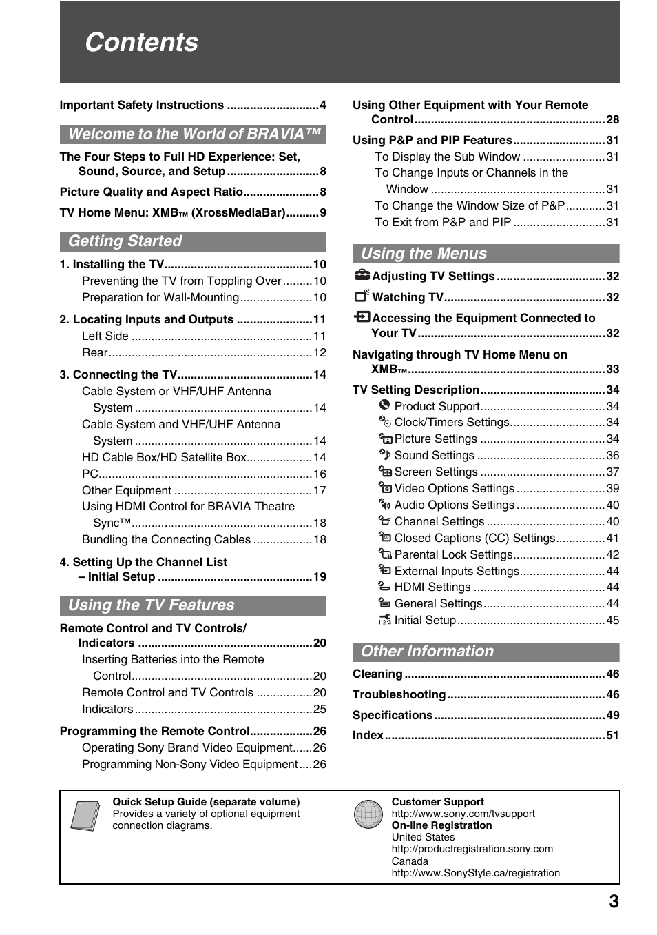 Sony KDL-52XBR5 User Manual | Page 3 / 60