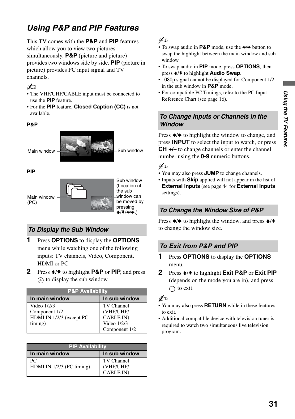 Using p&p and pip features, To display the sub window, To change inputs or channels in the window | To change the window size of p&p, To exit from p&p and pip, Window | Sony KDL-52XBR5 User Manual | Page 31 / 60