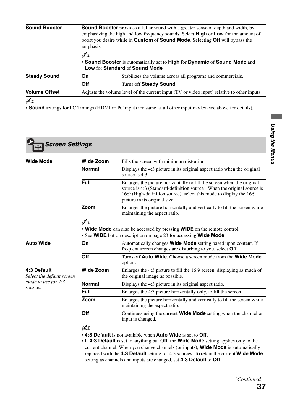 Screen settings | Sony KDL-52XBR5 User Manual | Page 37 / 60