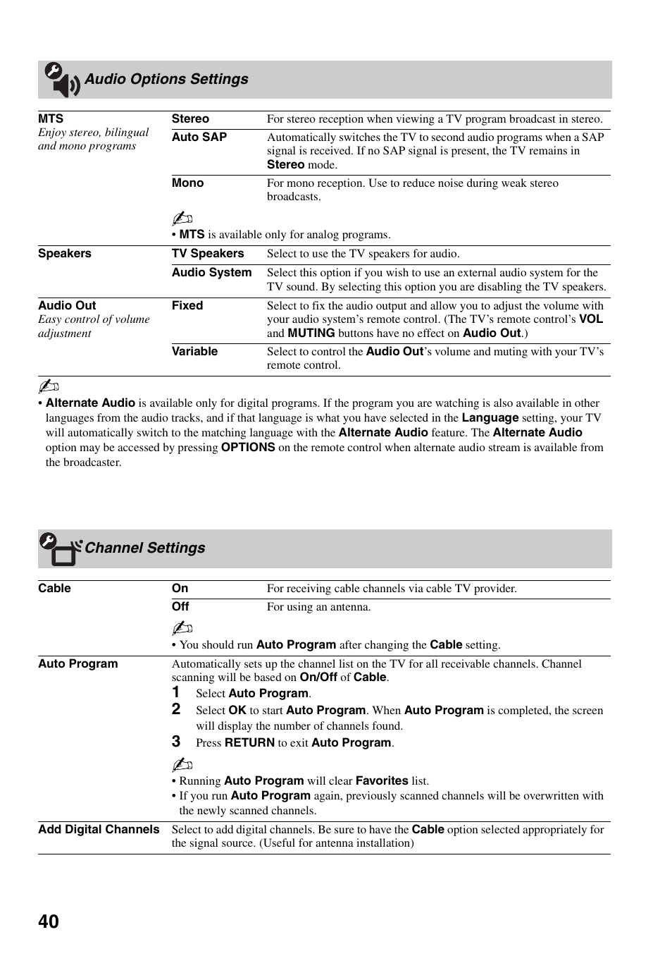 Audio options settings, Channel settings, Audio options settings channel settings | Sony KDL-52XBR5 User Manual | Page 40 / 60