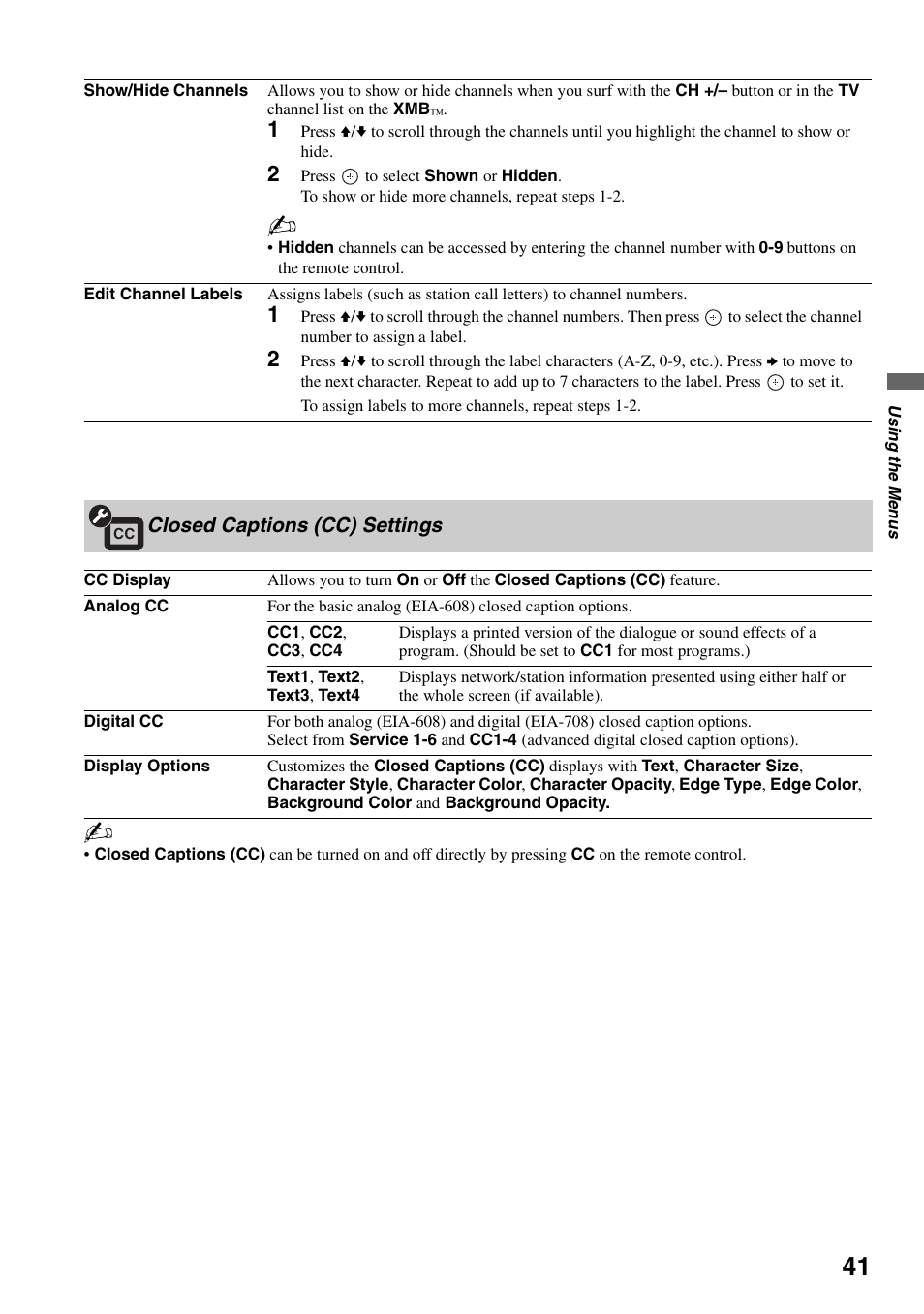 Closed captions (cc) settings | Sony KDL-52XBR5 User Manual | Page 41 / 60