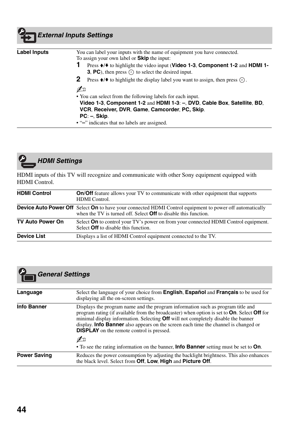 External inputs settings, Hdmi settings, General settings | Sony KDL-52XBR5 User Manual | Page 44 / 60