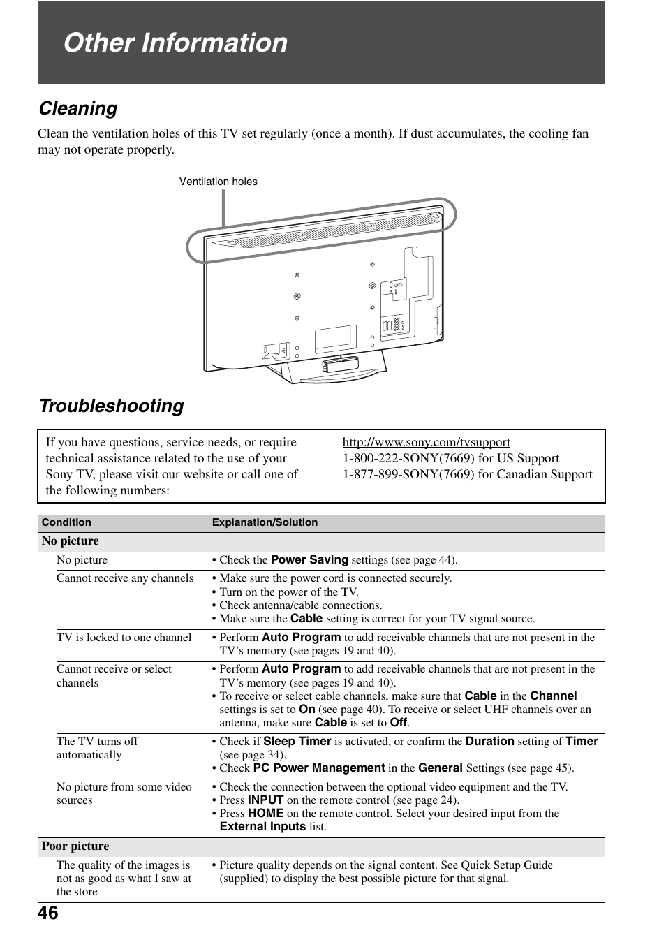 Other information, Cleaning, Troubleshooting | Sony KDL-52XBR5 User Manual | Page 46 / 60