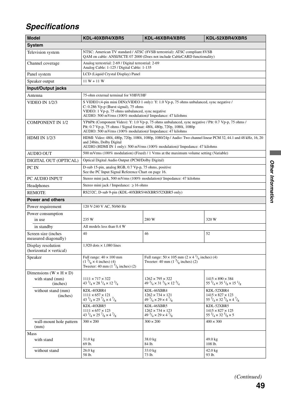 Specifications, Continued), Oth e r info rm a tio n | Sony KDL-52XBR5 User Manual | Page 49 / 60