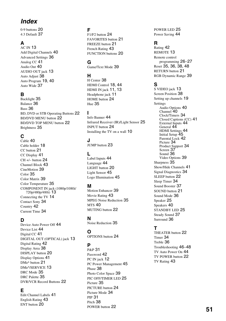 Index, 51 index | Sony KDL-52XBR5 User Manual | Page 51 / 60