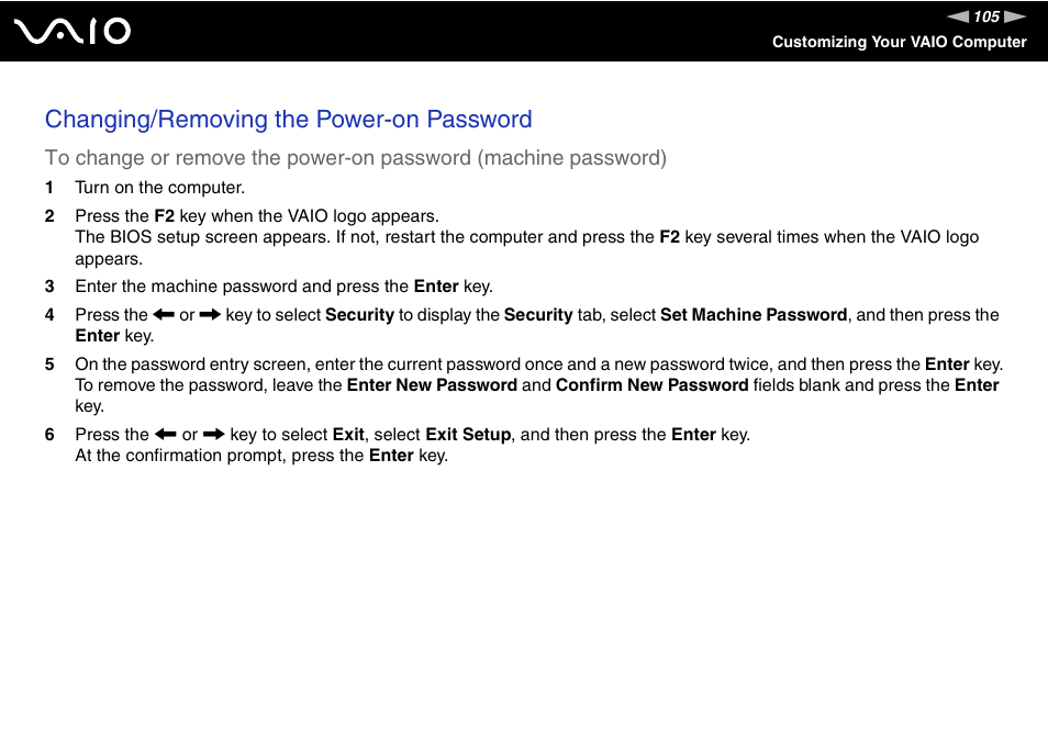 Changing/removing the power-on password | Sony VGN-SR190ECJ User Manual | Page 105 / 222