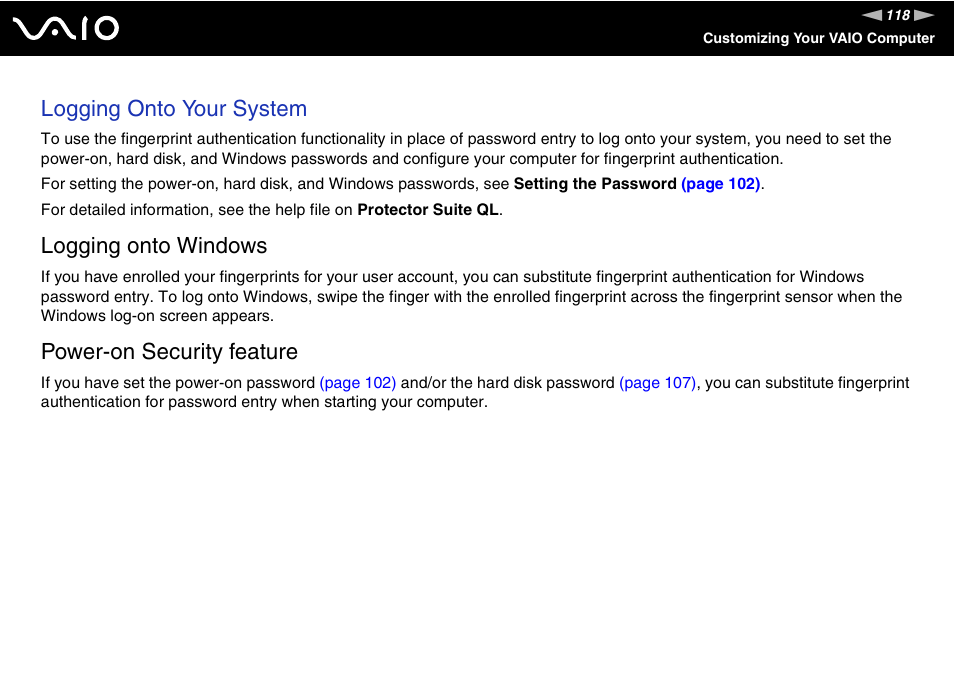 Logging onto your system, Logging onto windows, Power-on security feature | Sony VGN-SR190ECJ User Manual | Page 118 / 222