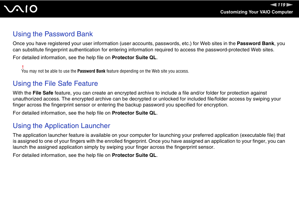 Using the password bank, Using the file safe feature, Using the application launcher | Sony VGN-SR190ECJ User Manual | Page 119 / 222