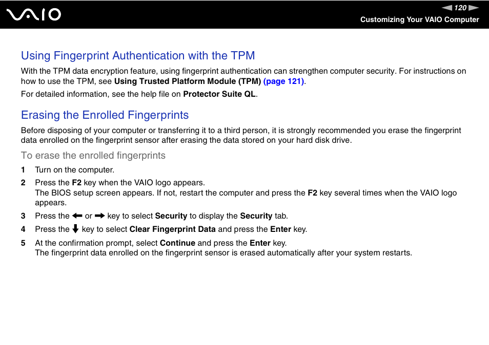 Using fingerprint authentication with the tpm, Erasing the enrolled fingerprints | Sony VGN-SR190ECJ User Manual | Page 120 / 222