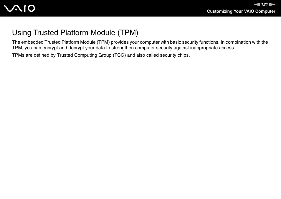 Using trusted platform module (tpm) | Sony VGN-SR190ECJ User Manual | Page 121 / 222