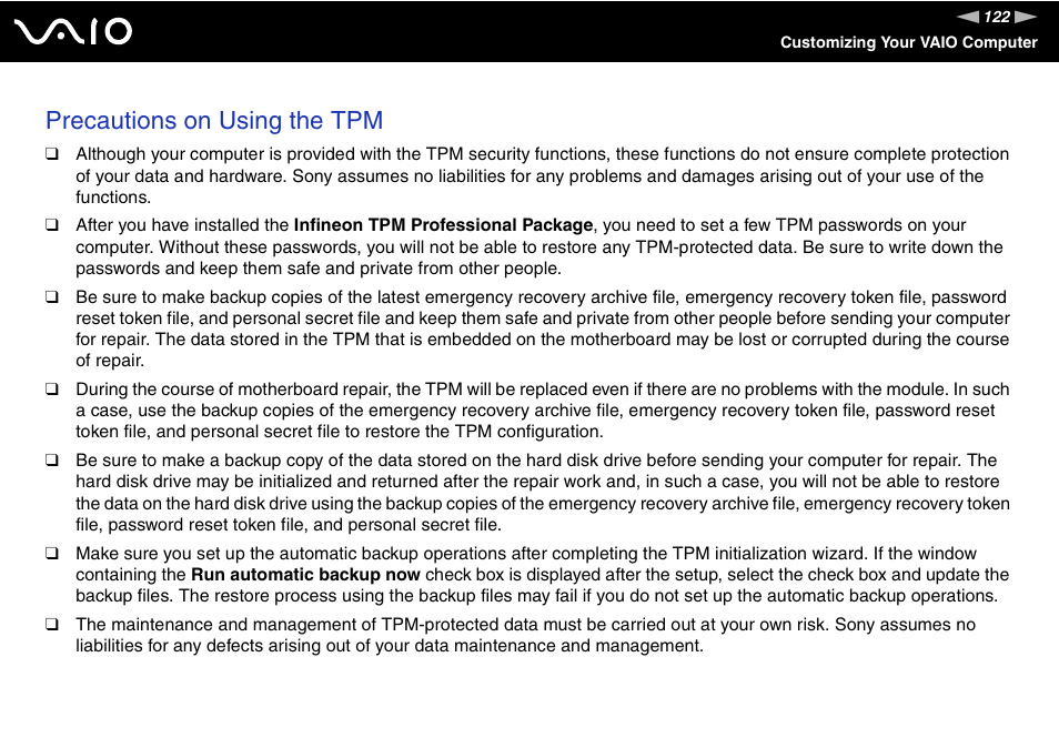 Precautions on using the tpm | Sony VGN-SR190ECJ User Manual | Page 122 / 222