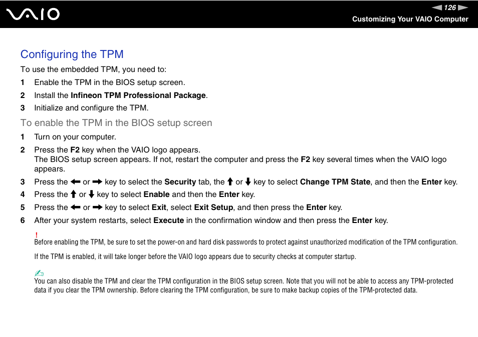 Configuring the tpm | Sony VGN-SR190ECJ User Manual | Page 126 / 222