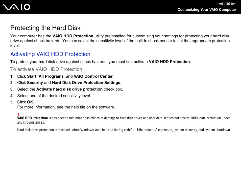 Protecting the hard disk, Activating vaio hdd protection | Sony VGN-SR190ECJ User Manual | Page 136 / 222