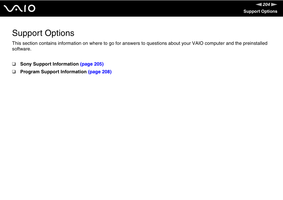 Support options | Sony VGN-SR190ECJ User Manual | Page 204 / 222