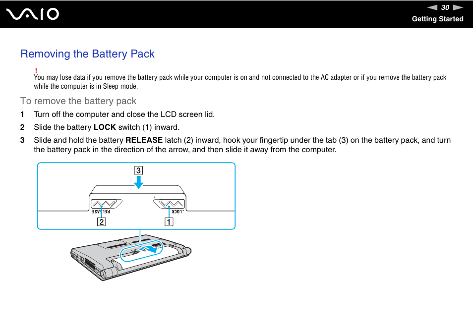 Removing the battery pack | Sony VGN-SR190ECJ User Manual | Page 30 / 222