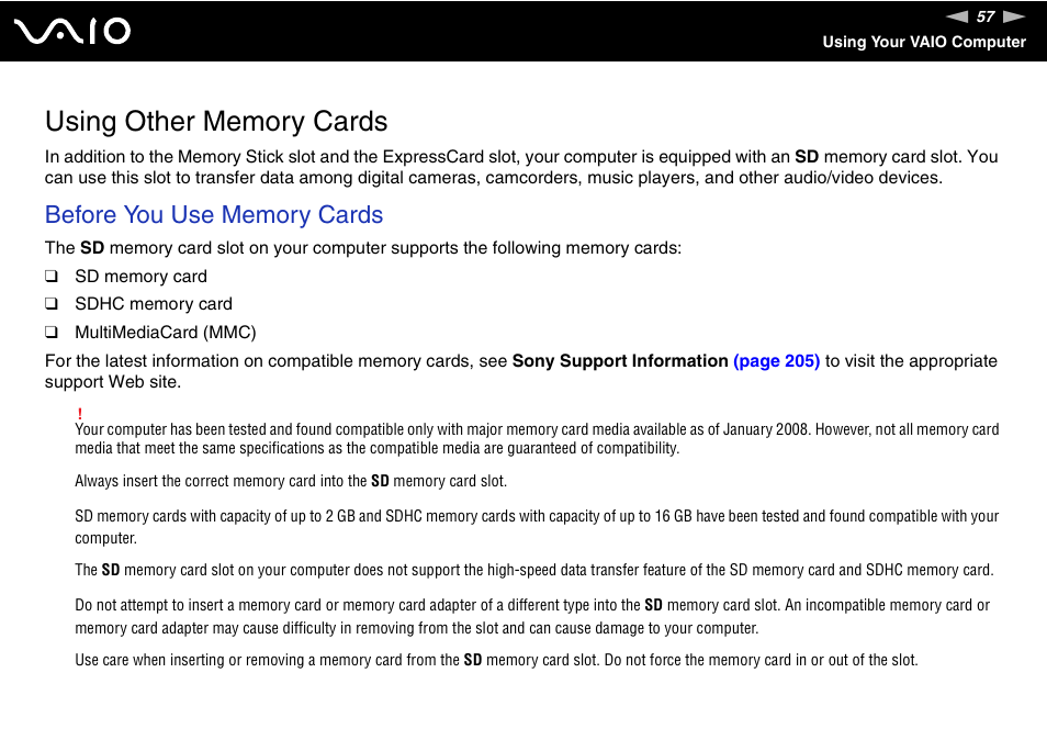 Using other memory cards | Sony VGN-SR190ECJ User Manual | Page 57 / 222