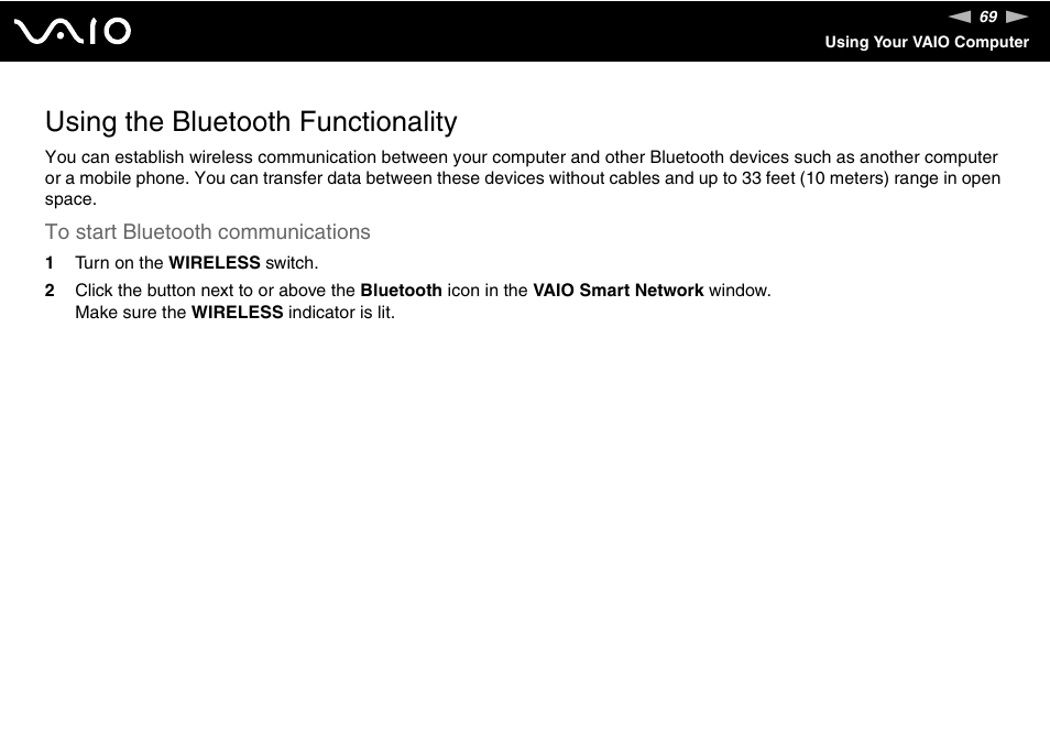 Using the bluetooth functionality | Sony VGN-SR190ECJ User Manual | Page 69 / 222